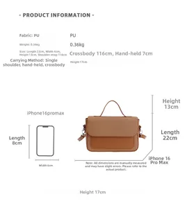 Detailed size specifications of brown color-block PU crossbody bag with size comparison