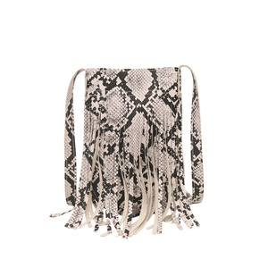 Chic snake print crossbody bag with long tassels and retro bohemian style on white backdrop