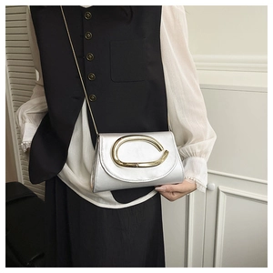 Detail of silver leather evening bag featuring a unique gold metal oval buckle and chain