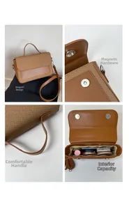 Detail view of brown patchwork bag showing magnetic clasp, handle and interior storage