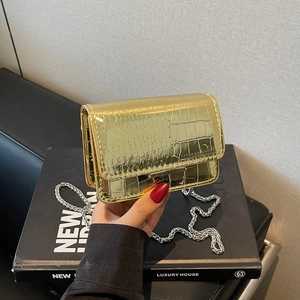 Women Fashion Mini Square Crossbody Bag Crocodile Embossed Patent Leather Metal Chain Strap Party Clutch