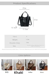 Detailed size specifications and color options for the stylish faux leather bucket handbag