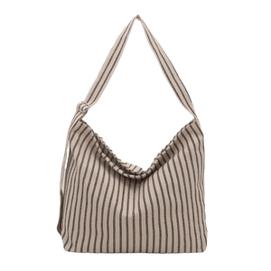Classic black and white vertical striped canvas tote bag with thick shoulder straps