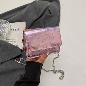 Pink croco-embossed patent leather mini square bag with silver chain shoulder strap