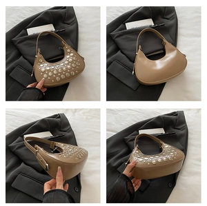 Detailed views of a khaki half-moon bag with silver studs and smooth leather texture