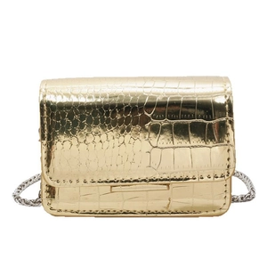 Mini gold crocodile pattern crossbody bag with shiny patent leather and silver chain strap