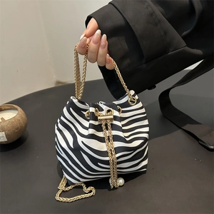 Women Leopard Animal Print Bucket Bag Drawstring Faux Artificial Pearl Gold Chain Strap Crossbody Handbag Fashionable
