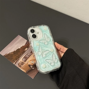 Detail of 3D mint butterfly and white rose on glitter clear case for iPhone