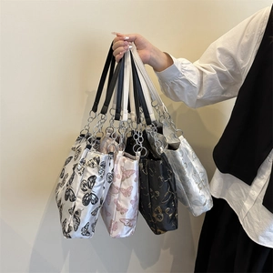 Women Butterfly Print Fabric Tote Bag Retro Fashion Shoulder Handbag With Metal Chain And Leather Strap