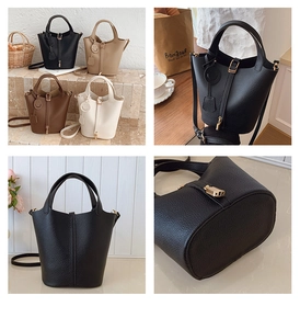 Detail view of four textured leather bucket bags in black, beige, brown, and white colors