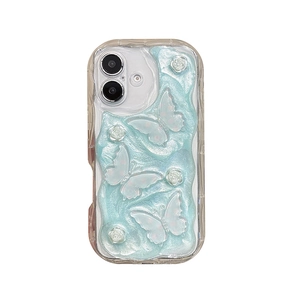 Blue glitter butterfly and white rose flower case for iPhone 16 Pro Max cover
