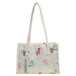 New Chinese style embroidered tote bag with bamboo handle and butterfly silk tassel detail