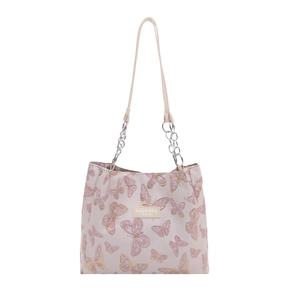 Minimalist beige shoulder tote bag featuring pink butterfly prints and metal chain strap