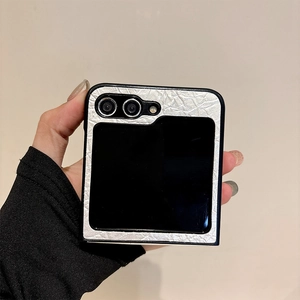 Detail of silver crinkle texture folding phone case for Samsung Galaxy Z Flip series