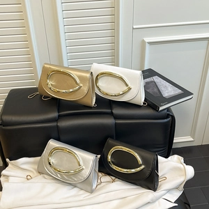 Women Metallic PU Leather Shoulder Bag With Gold Metal Buckle Chain Strap Minimalist Trendy Crossbody Handbag