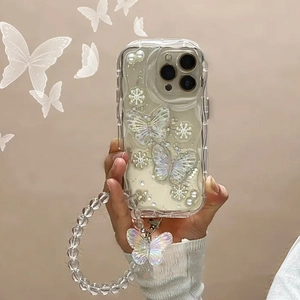 Detail of iPhone case with 3D laser butterflies, pearls, and a clear beaded hand strap