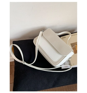 Detail of minimalist white and beige crossbody bag with woven flap and silver hardware