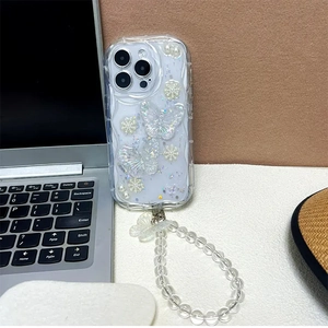 Laser butterfly and pearl flower phone case for iPhone with transparent beaded hand strap