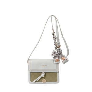 Chic white and sage green square crossbody bag with checkerboard pattern and silk scarf