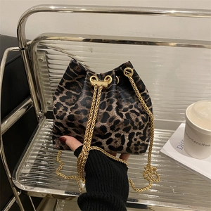 Fashionable leopard print drawstring bucket bag with dual gold chain straps for women