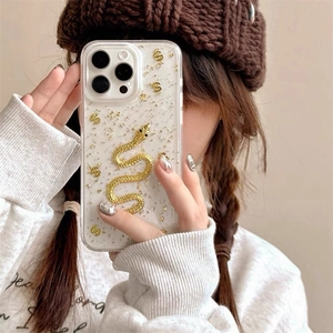 Gold Snake Dollar Sign Phone Case 3D Luxury Transparent TPU With Gold Foil Glitter Soft Shockproof Protective Cover