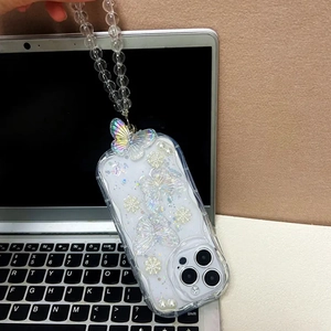 Laser butterfly and pearl flower iPhone case with clear beaded wrist strap and charm