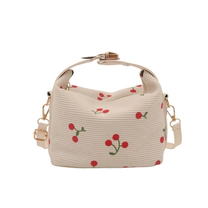 Elegante borsa in velluto a coste con ricami di ciliegie e finiture in oro metallico