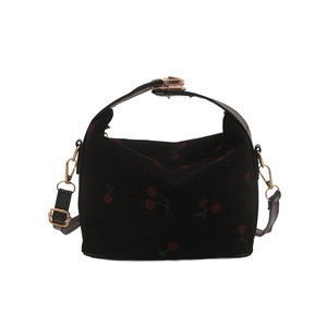 Fashionable black canvas handbag with red cherry embroidery and detachable strap