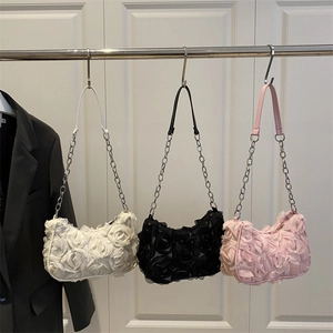 Women 3D Rose Flower Shoulder Bag Romantic Mesh Underarm Purse With Metal Chain Strap Elegant Evening Party Accessory