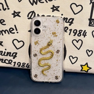 Golden snake phone case for iPhone with gold foil and dollar signs in transparent epoxy