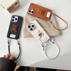Plush bear leather phone case for iPhone 16 Pro Max with wrist strap and good luck charm
