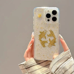 Coque iPhone carpes koï dorées avec feuilles d'or et relief 3D de style luxueux