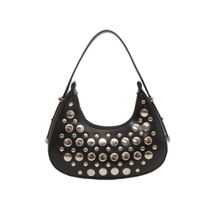 Black crescent shoulder bag with silver rivet studs and adjustable strap on white background