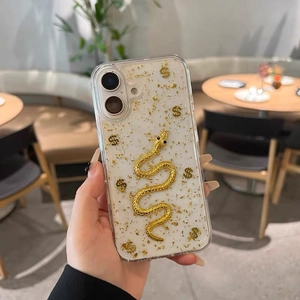 Transparent iPhone case with 3D golden snake relief, gold foil, and dollar signs