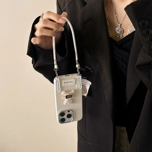 White iPhone case with plush bear, leather patch and matching braided lanyard strap