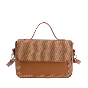Brown patchwork PU leather handbag with woven texture and adjustable shoulder strap