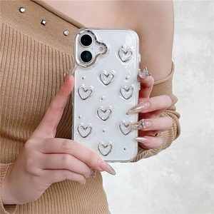 Translucent glitter iPhone case with silver 3D hearts and metallic stud accents