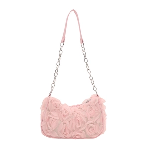 Sac bandoulière rose clair avec rosettes florales 3D et bandoulière chaîne argent