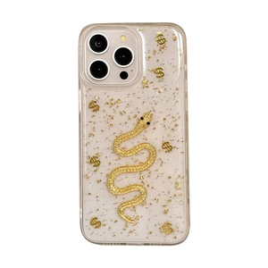 Transparent iPhone case featuring gold foil snake and dollar sign elements