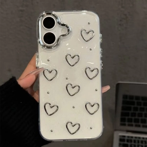 White glossy iPhone case featuring silver metallic heart charms and bead accents