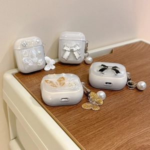 Funda transparente para AirPods Pro 3 4 con diseño de mariposa 3D y colgante de perlas