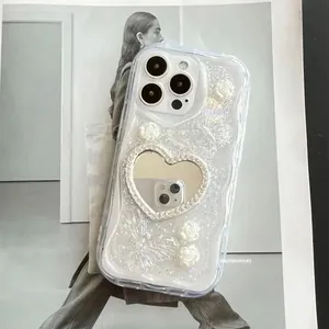 Wave Edge Phone Case Heart Mirror Rhinestone Butterfly Flower Sparkle Glitter TPU Back Cover For Women Girls