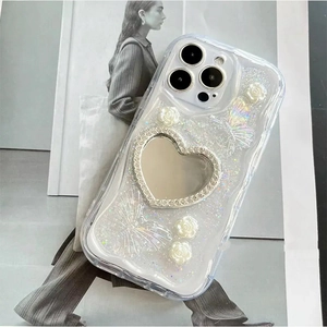 Sparkly mirror heart phone case for iPhone with butterfly and flower crystal decorations
