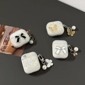 Funda para Auriculares con Mariposa y Lazo Brillante para AirPods Pro 3 4 Cubierta Protectora de TPU con Colgante de Perlas y Mariposa para Mujer