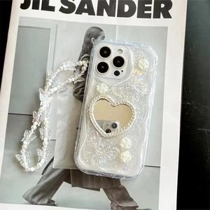 Glitter iPhone case with heart mirror, crystal flowers and butterfly pearl charm strap