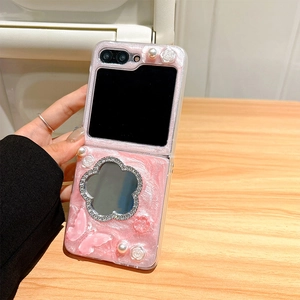 Custodia rosa glitterata con specchio a fiore e strass per Samsung Galaxy Z Flip farfalla