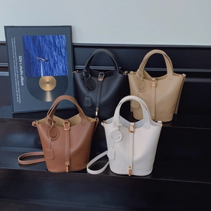 Women Litchi Grain PU Leather Bucket Bag With Metal Lock Adjustable Strap Smiley Charm Handbag Elegant Casual