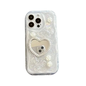 Sparkly iPhone case with heart mirror, rhinestones, butterflies and white floral patterns