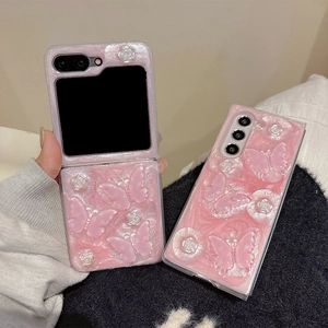 Pink glitter butterfly and floral resin case set for foldable and standard smartphones