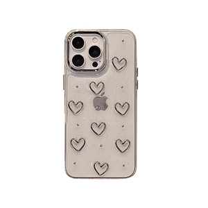 Glittery translucent iPhone case with 3D silver hearts and raised lens protection